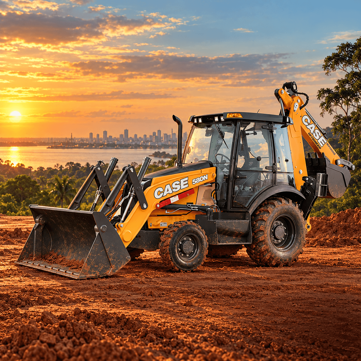 CASE 580N Série 2 em um canteiro de obras ao pôr do sol